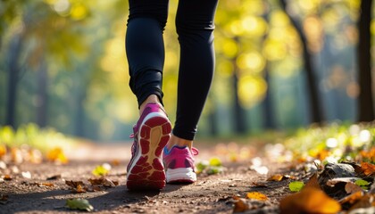 close-up of woman's feet in vibrant running shoes on a park trail, detailed view of the shoe s sole and movement, clear copy space on both sides, light filtering through trees.