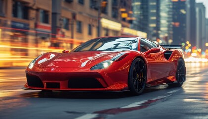 sleek red sports car on right, aerodynamic design showcased against bustling cityscape, motion blur simulates speed, dusk city lights begin to glow, high-contrast lighting highl
