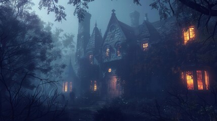 A haunted mansion with glowing windows, surrounded by eerie trees, and space on the left for writing text