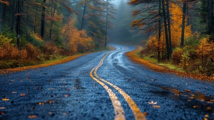 Fototapeta premium Winding Road Through Misty Autumn Forest With Vibrant Fall Foliage in Early Morning Light. Generative AI