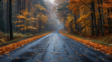 Serene Autumn Road Surrounded by Vibrant Golden and Red Leaves in the Woods. Generative AI