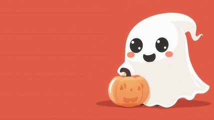 Obraz premium Cute cartoon ghost holding a pumpkin on a red background. Perfect for Halloween greetings and decorations.