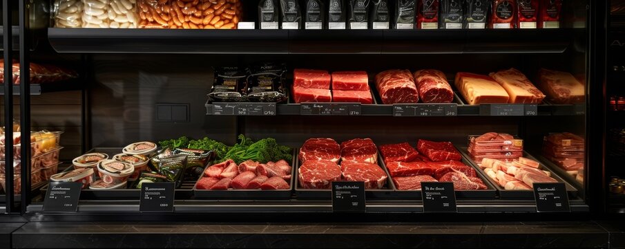 High-resolution photo of a meat display at a supermarket showcasing various cuts