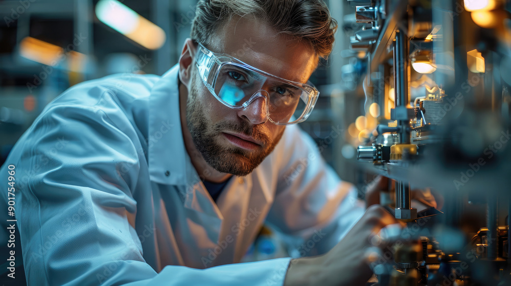 Poster An engineer working in a White uniform and safety glasses is check electronic device chips in front of laboratory equipment and modern engineering machinery, laboratory background. Generative AI.