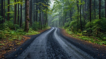 Winding Path Through Lush Green Forest During Foggy Morning Hours. Generative AI