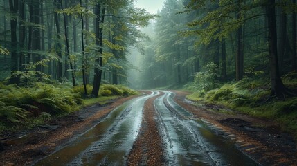 Obraz premium Serene Rainy Forest Pathway Surrounded by Lush Greenery and Foggy Atmosphere in Early Morning. Generative AI
