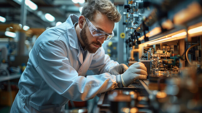 An engineer working in a White uniform and safety glasses is check electronic device chips in front of laboratory equipment and modern engineering machinery, laboratory background. Generative AI.
