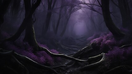Mysterious forest in the dark night, purple and black theme foggy misty jungle, solitude and spooky woods