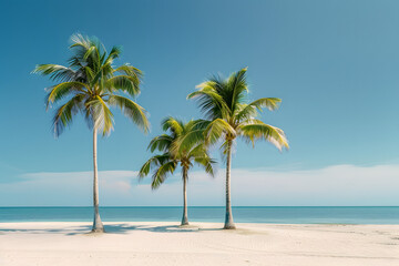 Tropical palms standing tall on sandy shore beneath clear blue sky. Innovative design. Blank area for text or logo. Tropical paradise vibes