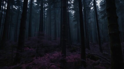 Mysterious forest in the dark night, purple and black theme foggy misty jungle, solitude and spooky woods