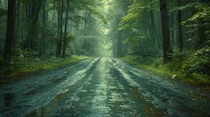 Obraz premium Serene Rainy Day Along a Quiet Forest Path Surrounded by Lush Greenery in the Early Morning. Generative AI