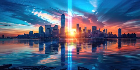 Sunrise over NYC skyline with light beams for Patriot Day