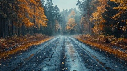 Obraz premium Autumnal Morning Mist Along a Quiet Country Road Surrounded by Colorful Foliage. Generative AI
