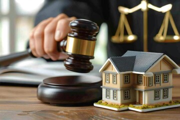 Judge Holding Gavel on House Model at Desk in Cropped Image