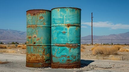 Obraz premium two old rusty blue barrels sitting in the middle of a desert landscape