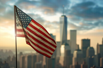 American flag waving with NYC skyline in background at sunset