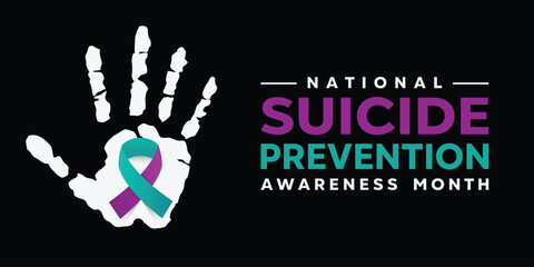 National Suicide Prevention Awareness Month. Hand and ribbon. Great for cards, banners, posters, social media and more. Black background.