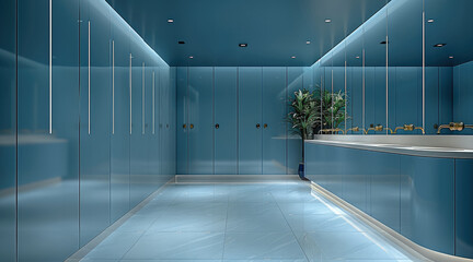 Obraz premium A commercial restroom with the blue cubicles which is exact provided, touch less faucets with large mirrors. Generative AI.