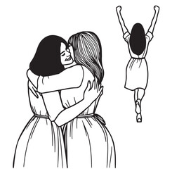 Three young woman hugging each other on white background, success, sketch