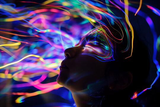 Abstract luminous lines highlights on face of dreaming girl, world of synesthesia