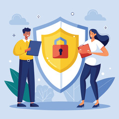 An illustration of two people holding up a large shield