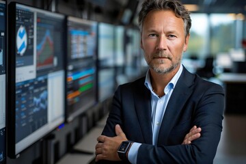 Confident Manager Poses with Arms Crossed in Front of Monitors in Office