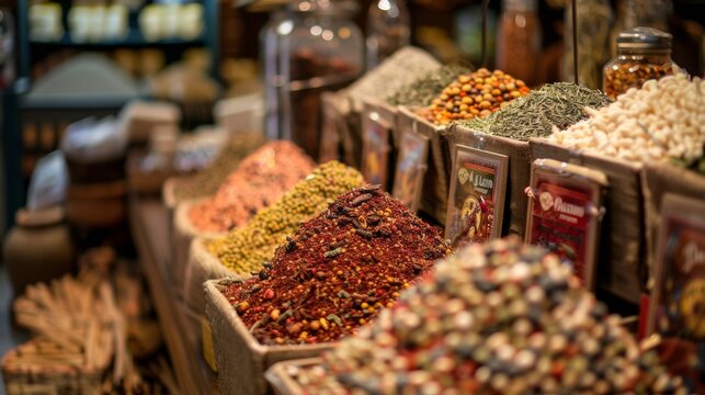 Variety of spices and herbs in a market