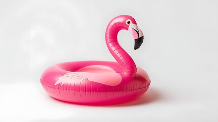 a inflatable pink flamingo on white background. summer concept, side view.	