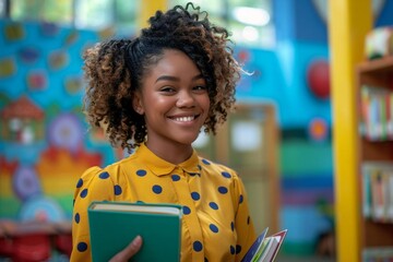 Young Female Teacher Smiling with Books and Digital Tablet in Classroom