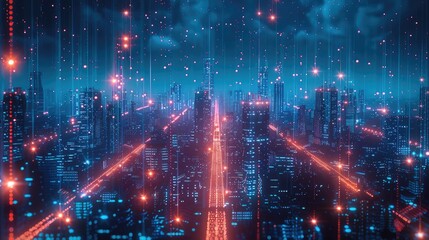 Fototapeta premium A futuristic smart city at night, with a network of connected dot points and gradient grid lines, highlighting the metaverse concept and big data, the city is bustling with lights and modern building.