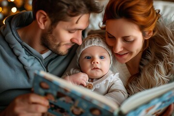 Obraz premium Close-up of couple admiring baby's photo album