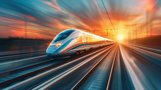 High-Speed Train Racing Against Time at Sunset
