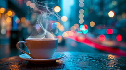 Fototapeta premium City Vibes - Steaming Coffee Cup on Rainy Evening