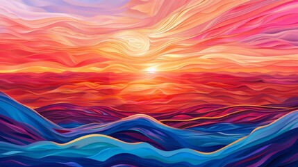 Obraz premium Vibrant Digital Sunset Over Wavy Landscape