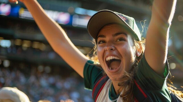 Euphoric Female Fan Cheering at Sports Event