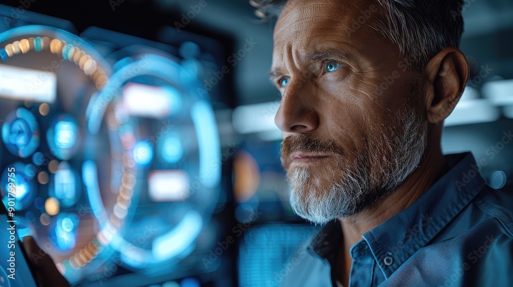 Poster Business man holding tablet looking at the circle 3d holograms in front of him while holding the tablet, data lifecycle, data cycle, hologram data , Office on background. Generative AI.