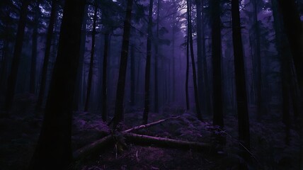 Mysterious forest in the dark night, purple and black theme foggy misty jungle, solitude and spooky woods