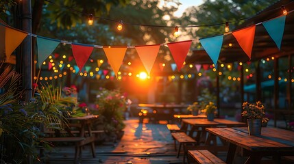 a group of tables and chairs with flags.