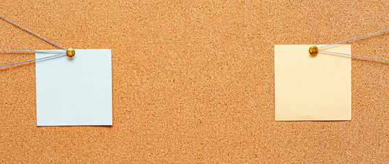 Blank paper notes are pinned to a cork board. The concept of detective investigation or training....