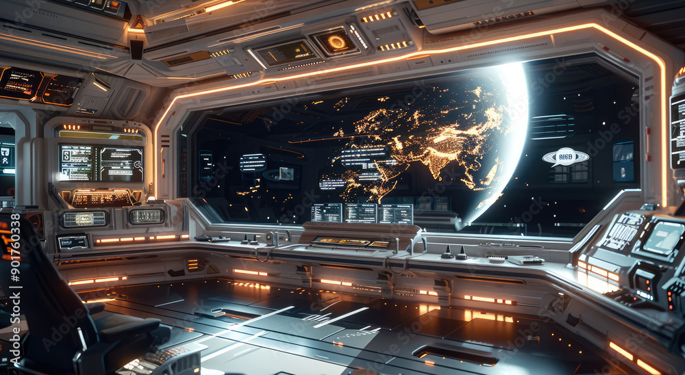Poster a space station command center with a panoramic view of the cosmos, featuring holographic charts, mi
