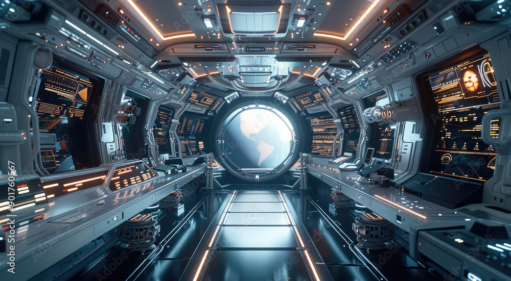Poster a space station command center with a panoramic view of the cosmos, featuring holographic charts, mi