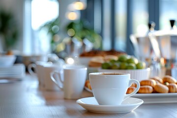 Coffee cups and snacks on a cafe counter.