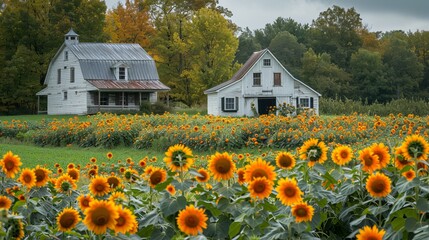 Beautiful sunflower field growing in front of a traditional american farm on a sunny summer day