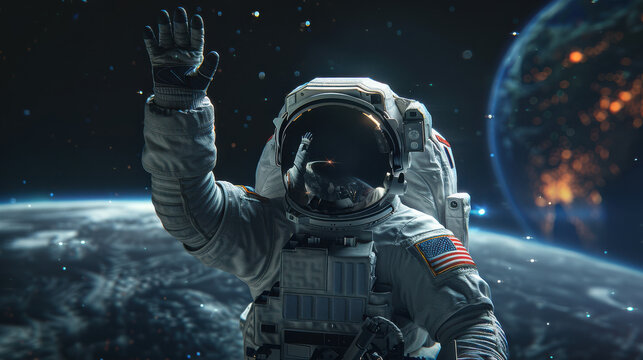 A photograph of an astronaut waving in space, wearing a white spacesuit with an American flag patch, with the Earth visible in the background, stars and a distant galaxy - Powered by Adobe