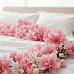 pink roses on a bed