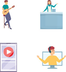 Video blogging icons set cartoon vector. Blogger streaming video on social media. Internet technology