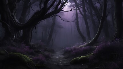 Mysterious forest in the dark night, purple and black theme foggy misty jungle, solitude and spooky woods