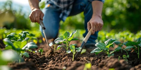 Fototapeta premium Cultivating Growth: Farmer Tending to Young Plants in Field