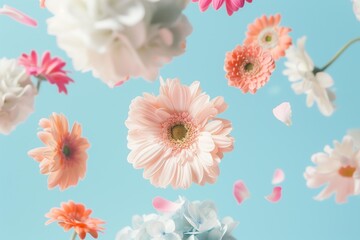 big flying ranunculuses and gerberas in pastel pastel pink colors and blue hydrangeas on a baby blue background