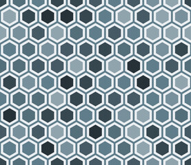 Abstract background with mosaic hexagon shapes. Plain hexagon net with inner solid cells. Blue color tones. Hexagonal shapes. Seamless pattern. Tileable vector illustration.